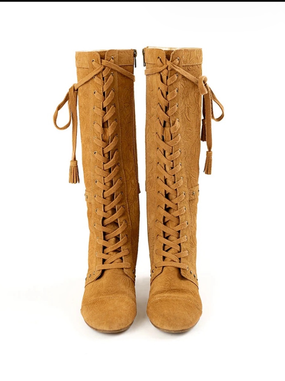 Joyfolie Lace-Up Tassel Boots in Pecan Tan Size 8